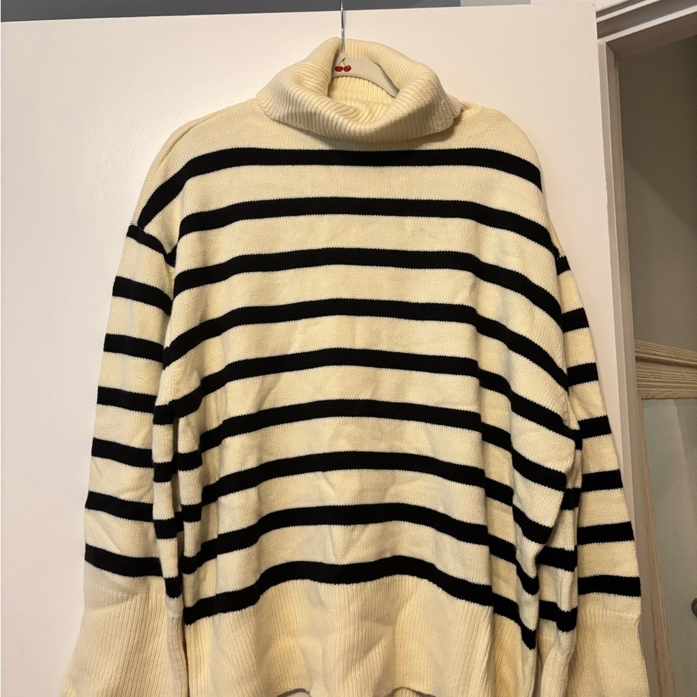 WeWoreWhat Cream and Black Striped Turtleneck Sweater